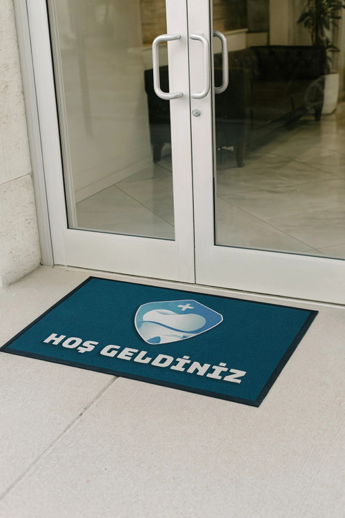 Diş Kliniği Turkuaz Renk Hoş Geldiniz Welcome Diş Doktoru Kapı Önü Paspası 45x70cm