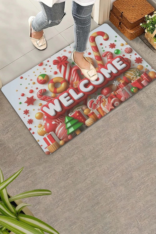 Yılbaşı Baston ve Yuvarlak Şekerler Welcome Kapı Önü Paspası 45x70cm