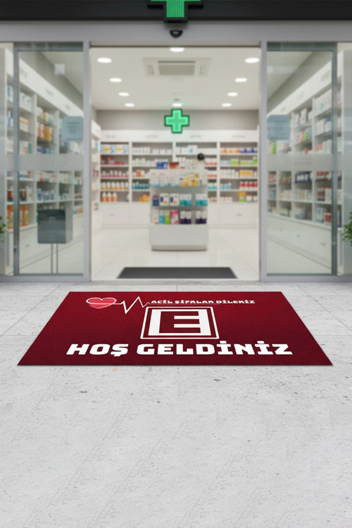 Eczane Logolu Kırmızı Acil Şifalar Dileriz Hoş Geldiniz İş Yeri Kapı Önü Paspası 45x70