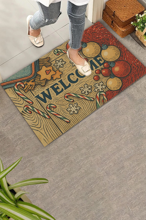 Yılbaşı Baston Şekerli Noel Temalı Welcome Hoş Geldiniz Kapı Önü Paspası 45x70cm