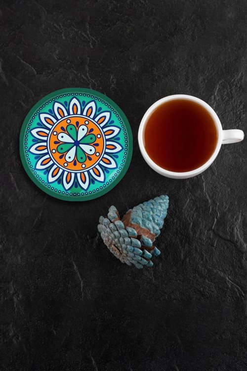 Yeşil Mandala Papatyalı Yıkanabilir Kaydırmaz Ofis Çay ve Fincan Bardak Altlığı 10x10c