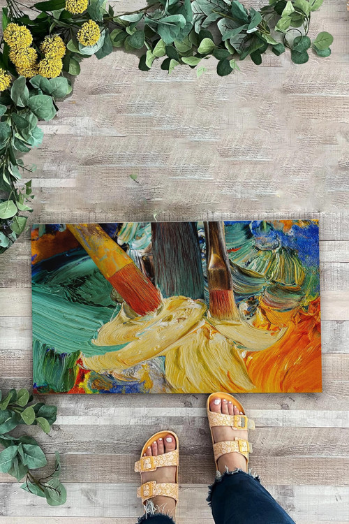 Renkli Yağlı Boya Tuvali Fırça Figürlü Welcome Hoş Geldiniz Kapı Önü Paspası 45x70cm