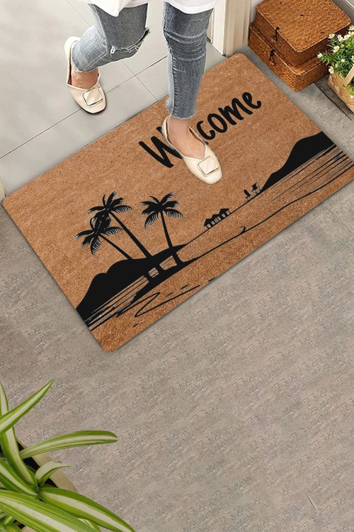 Palmiye Ağaçlı Dağ Manzaralı Welcome Kapı Önü Paspası 45x70cm