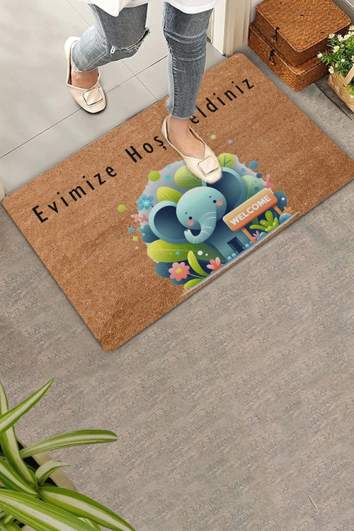 Şirin Fil ve Orman Temalı Evimize Hoş Geldiniz Kapı Önü Paspası 45x70cm