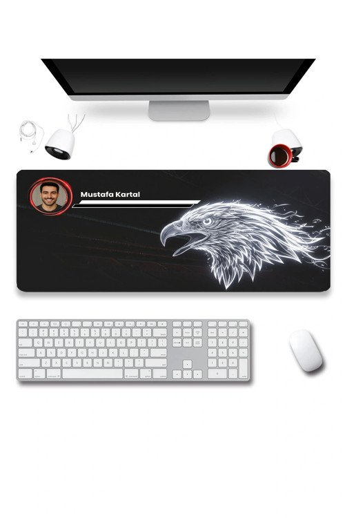 SonicTouch Kişiye isme Özel Kartal Figürlü Siyah Beyaz Fotoğraflı XXL Dikişsiz Gamer Klavye Mousepad