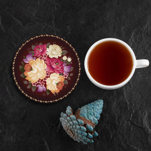 Sarı Pembe Gül Desenli Yıkanabilir Kaydırmaz Ofis Çay ve Fincan Bardak Altlığı 10x10cm