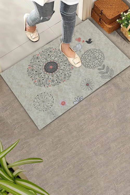 Dilek Otlu Papatya ve Kuşlar Krem Rengi Welcome Hoş Geldiniz Kapı Önü Paspası 45x70cm