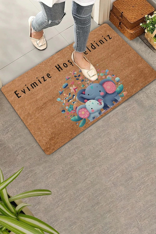 Sevimli Yavru Filler ve Çiçekler Evimize Hoş Geldiniz Kapı Önü Paspası 45x70cm