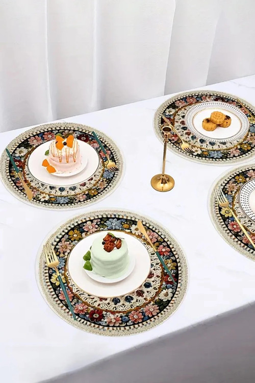 6’lı Yuvarlak Amerikan Servis Altlığı 35x35cm Restoran Ev İçin Yıkanabilir Kaymaz Çiçe