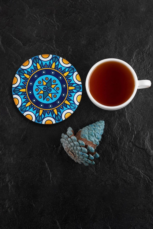 Kutsal Geometri Mandala Desenli Yıkanabilir Kaydırmaz Ofis Çay ve Fincan Bardak Altlığ