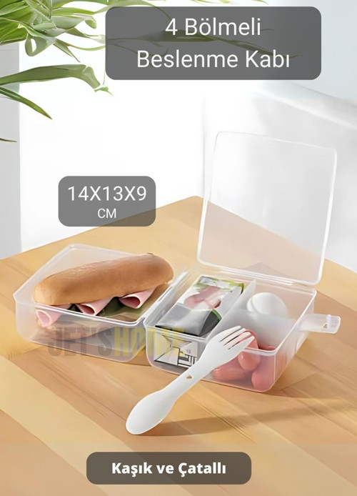4 Bölmeli Beslenme Kutusu Kilitli BPA Free Kaşık-Çatallı Saklama Kabı Kare 14X13X9 cm