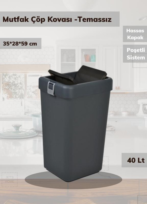 Çöp Kovası Bas Çek Mutfak Banyo Çöp Kutusu Antrasit 40 Litre