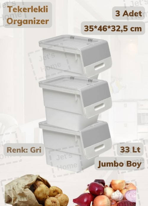 3'lü Tekerlekli Sebzelik BPA Free Soğanlık Oyuncaklık Organizer Gri Jumbo 33 Lt