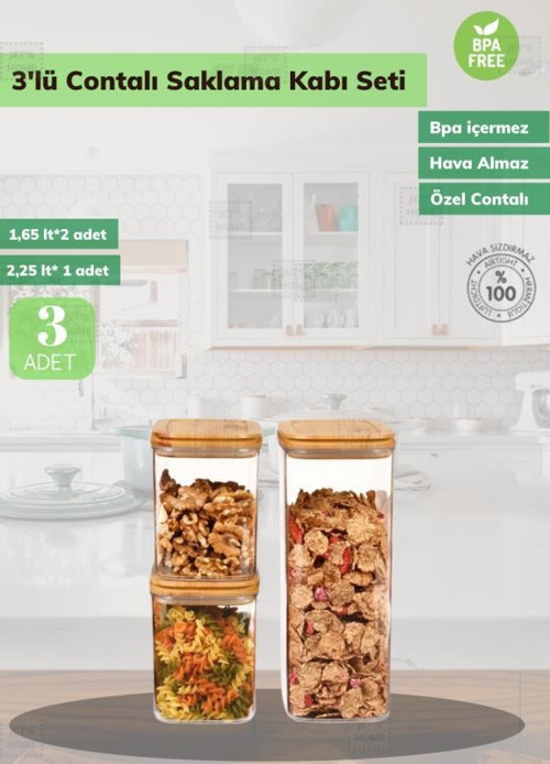 3’lü Erzak Saklama Kabı Seti BPA Free Hava Almaz Bambu Desenli