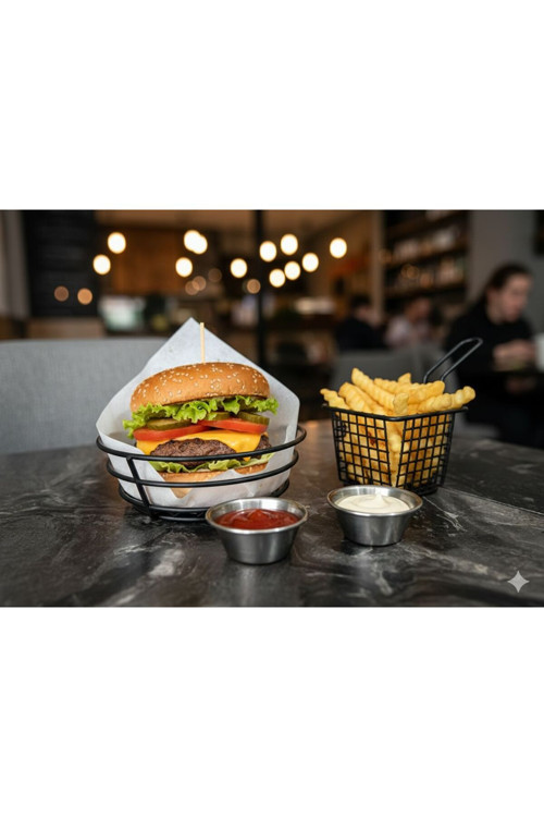 Siyah Metal Yuvarlak Küçük Kenarlıksız Fast Food Servis Sepeti Patates Kızartması Hamburger Seti
