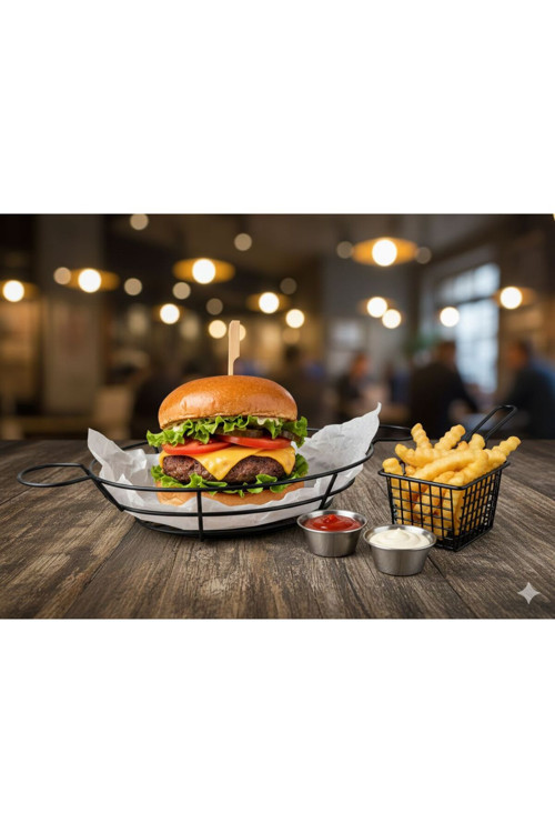 Siyah Metal Oval Küçük Fast Food Servis Sepeti Patates Kızartması Hamburger Sos Sunum Seti