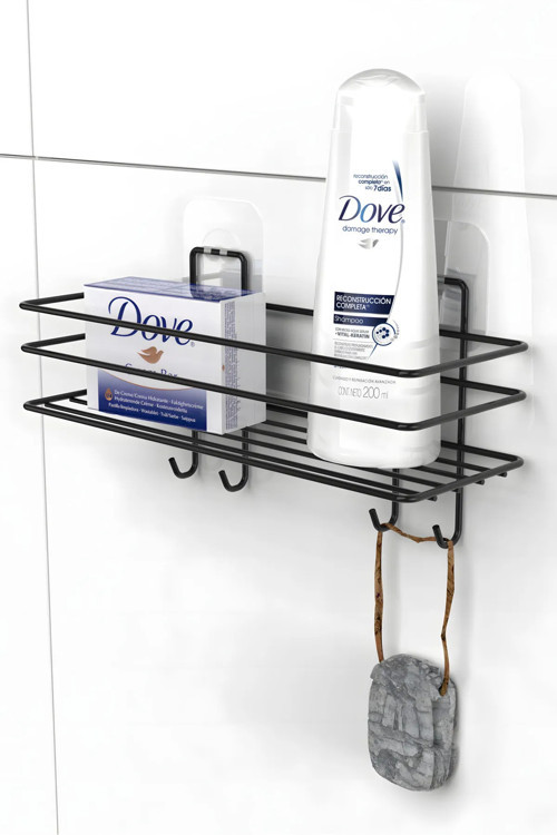 Siyah Yapışkanlı Kancalı Banyo Ve Mutfak Rafı Çok Amaçlı Tekli Raf