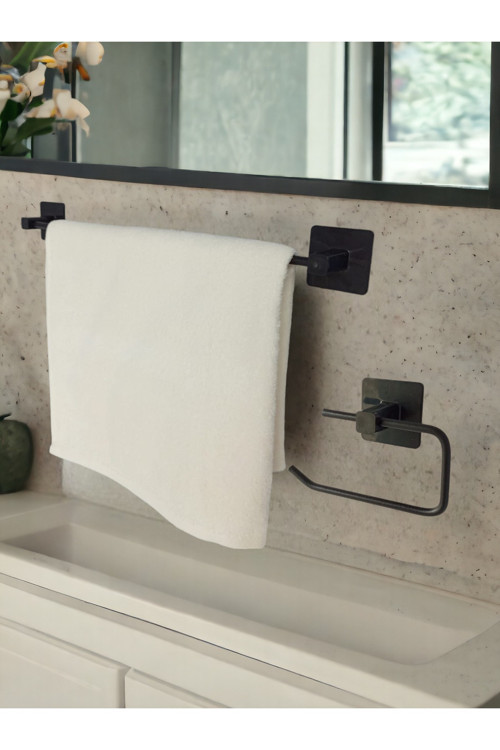 Yapışkanlı Banyo Aksesuar Seti, Siyah, Düz Havluluk, Tuvalet Kağıtlığı