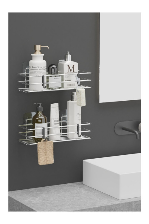Krom-Gümüş Yapışkanlı Kancalı 2 Adet Banyo Ve Mutfak Rafı