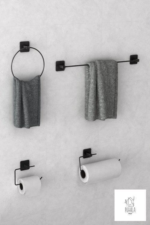 Siyah Yapışkanlı 4 Lü Banyo Seti Uzun Havluluk Yuvarlak Havluluk Kağıt Havluluk Wc Tuvalet Kağıtlığı
