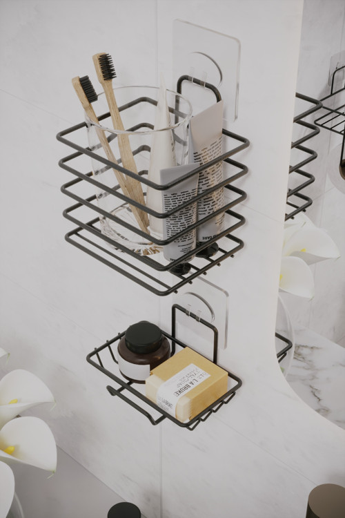 Yapışkanlı Siyah Diş Fırçalık Ve Katı Sabunluk 2Li Set Banyo Düzenleyici