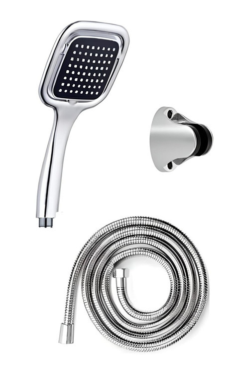 Kare - Krom Duş Seti / Spiral Hortum + Duş Başlığı + Mafsal (Askılı) - Şık Tasarımlı Duş, Banyo Seti