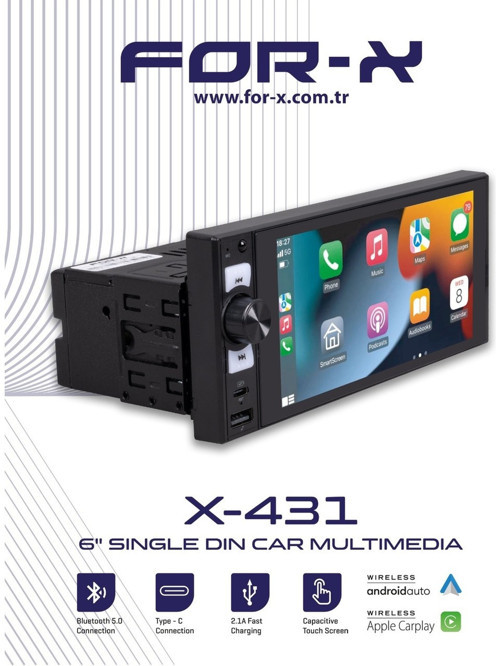X-431-6"HD EKRAN-KABLOSUZ CARPLAY-BT-USB-TYPE-C GİRİŞ-NORMAL TEYP GİRİŞLİ-KAMERALI TEYP