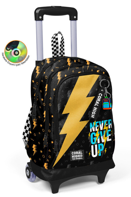 Kids Siyah Never Give Up Desenli Üç Bölmeli Çekçekli Okul Sırt Çantası 34020