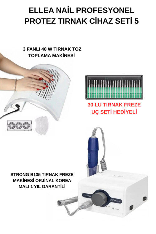 Protez Tırnak Cihaz Seti Strong B135 Freze Cihazı & 3 Fanlı Tırnak Toz Toplama Cihazı