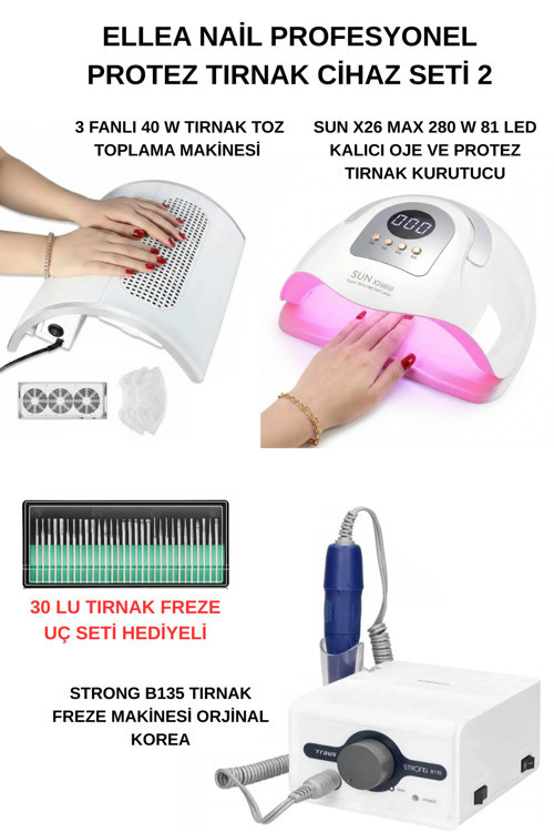 Protez Tırnak Cihaz Seti Strong B135 Freze Cihazı & 3 Motorlu Tırnak Toz Toplama & Sun X26 UV 81 LED