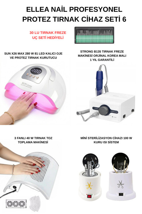 Protez Tırnak Cihaz Seti Strong B135 & Tırnak Toz Toplama & x26 Max UV 81 LED & Mini Sterilizatör