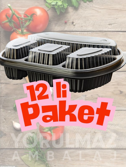 ✅4 Bölmeli Kullan-At Yemek Kabı – Mikrodalgaya Uygun, Sızdırmaz, Paket Servise Uygun 12’li Paket