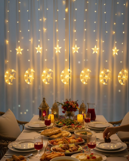 Sıcak Beyaz Ay Yıldız Işık Zinciri Parti Düğün Ramazan Dekoru