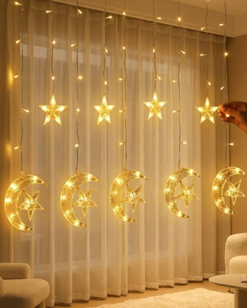 Hilal Yıldız Perde LED Işık 2 Modlu Sıcak Beyaz Dekoratif Aydınlatma