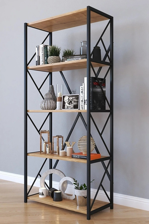 5 Raflı Metal Kitaplık Modern Kitaplık Ofis Rafı Çok Amaçlı Metal Raf - Atlantik Çam