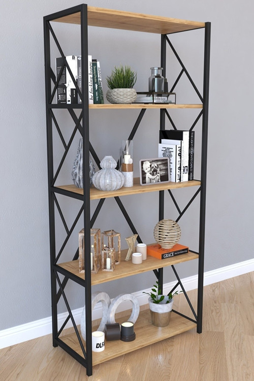 5 Raflı Metal Kitaplık Modern Kitaplık Ofis Rafı Çok Amaçlı Metal Raf - Meşe