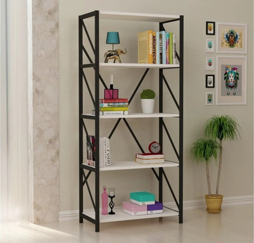 5 Raflı Metal Kitaplık Modern Kitaplık Ofis Rafı Çok Amaçlı Metal Raf - Beyaz