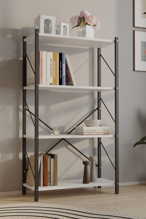 Metal Kitaplık 4 Raflı Ofis Kitaplığı Kitap Dosya Rafı 112 Cm Beyaz