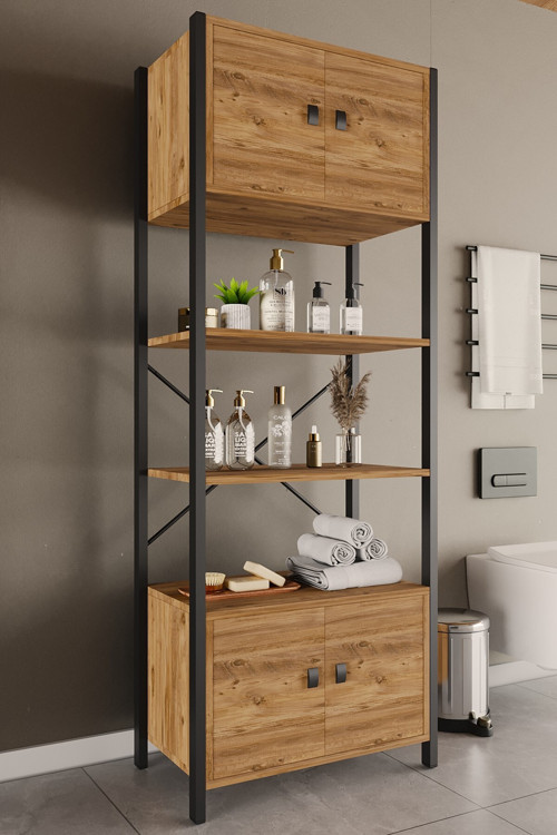 4 Kapaklı 5 Raflı Banyo Malzeme Dolabı Dekoratif Çok Amaçlı Banyo Dolabı