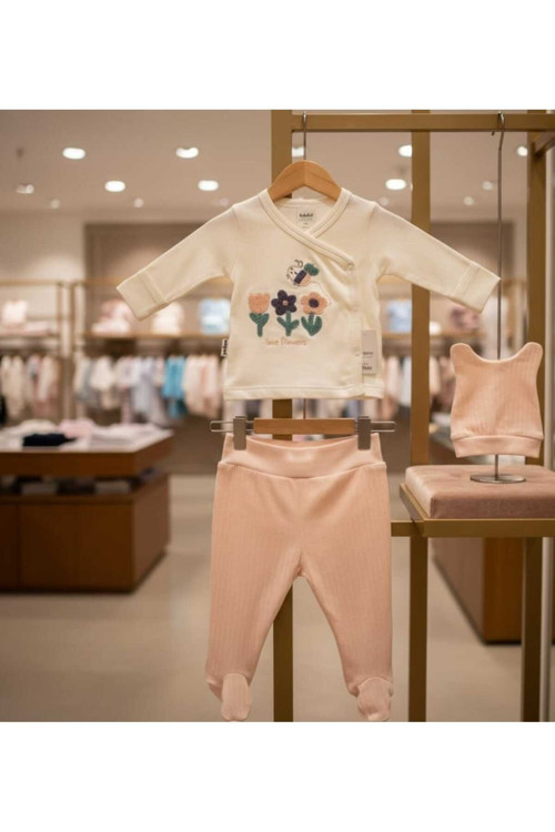 Arı-Çiçek Kabartmalı Patikli 3'lü Bebek Takımı 0-3 Ay