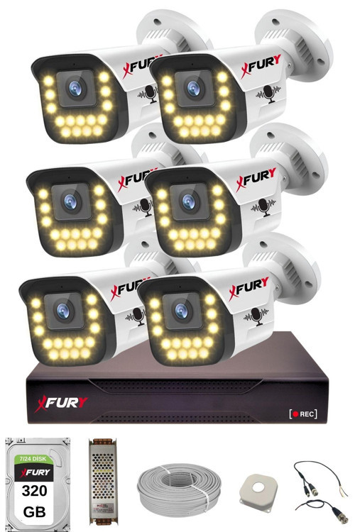 6 lı Sesli 15 Warm Led Gece Renkli Görüş Su Geçirmez Güvenlik Kamerası Seti 320GB