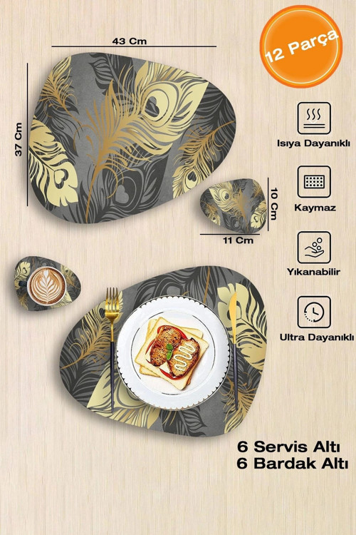 Altın Gold Tüy Desenli Amerikan Deri Kaymaz Yıkanabilir Servis Tabak Altlığı 12 Parça