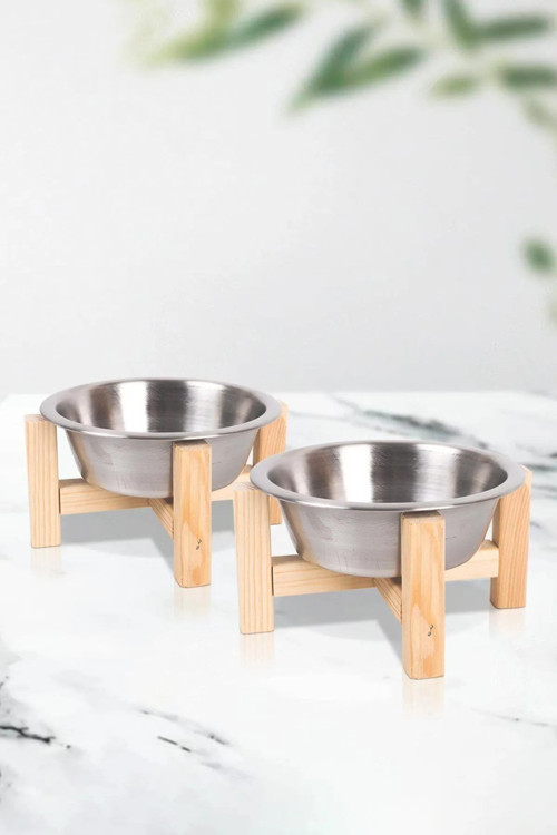 Ahşap Standlı Seramik Dekoratif 2 Adet Kedi Köpek Mama Ve Su Kabı
