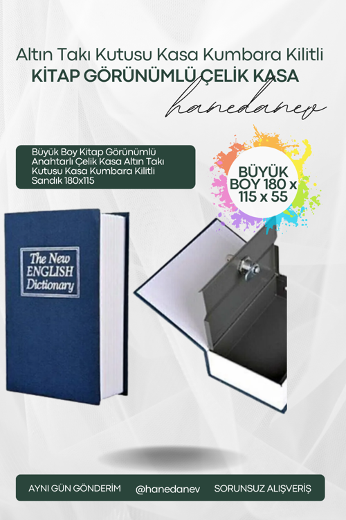 Büyük Boy Kitap Görünümlü Anahtarlı Çelik Kasa Altın Takı Kutusu Kasa Kumbara Kilitli Sandık 180x115