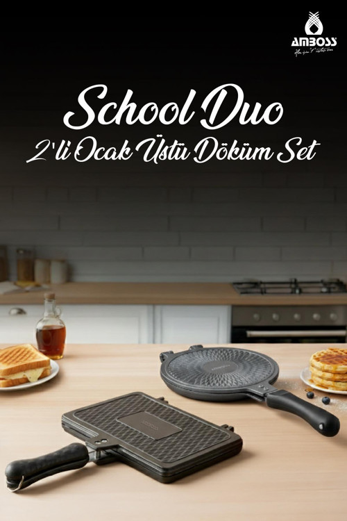 School Duo 2’li Döküm Ocak Üstü Tost Waffle Tava Seti