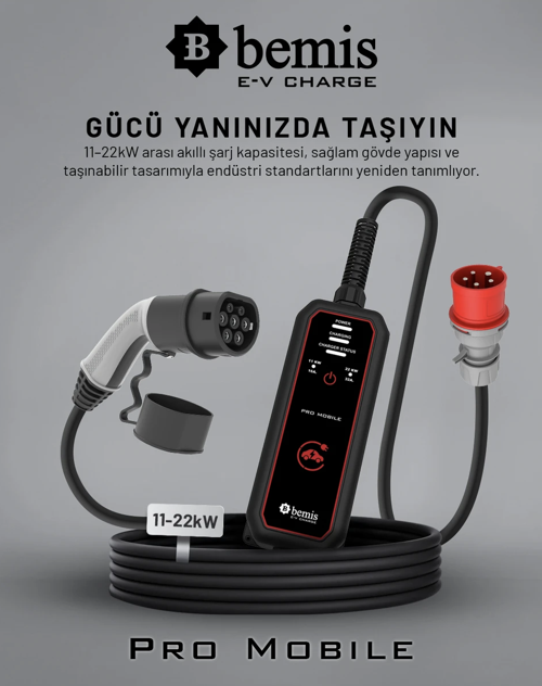 Pro Mobile 11-22KW - 8 Metre -Elektrikli Araç Taşınabilir Şarj Cihazı - Çanta ve Dönüştürücü Hediye