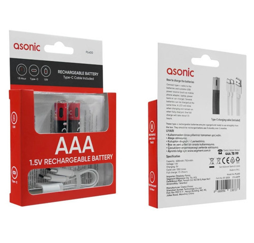 400mAh 1.5 Volt Şarjlı İnce Kalem Pil AAA 2li Pk. Type-C Soketli Kablo İle Şarj Edilebilir