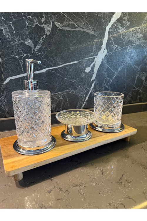 Kristal Serisi Cam Banyo Seti, 3 Parça Sıvı Sabunluk, Fırçalık, Katı Sabunluk