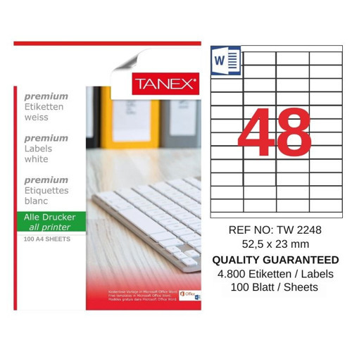 TW-2248 52,5x23 mm Inkjet / Laser A4 Etiket YETKİLİ SATICI (100 Adet)