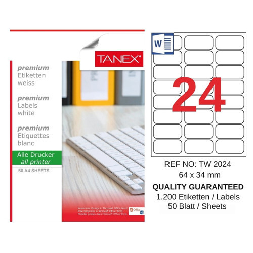 TW-2024 64x34 mm Inkjet / Laser A4 Etiket YETKİLİ SATICI (50 Adet)